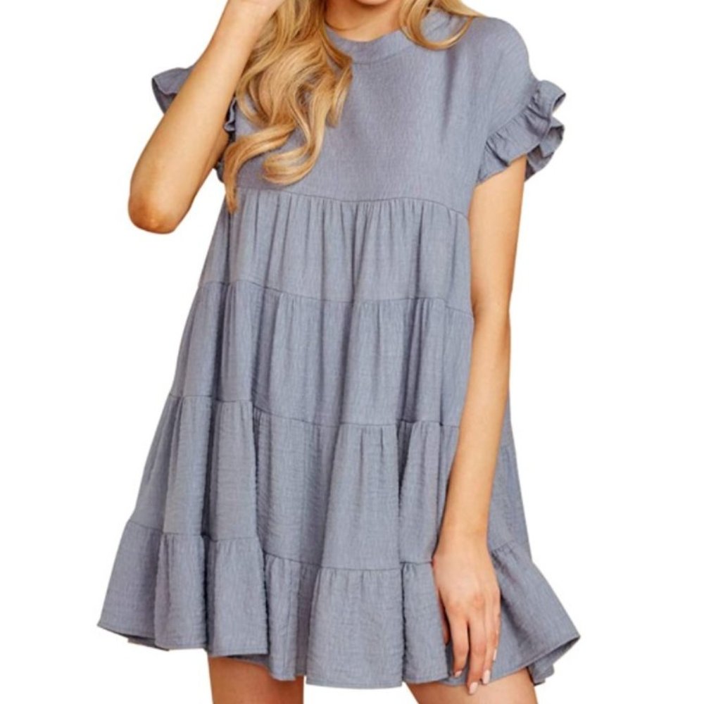NWT Joteisy Women's O Neck Ruffle Short Sleeve Tiered Mini Dress Medium Grey